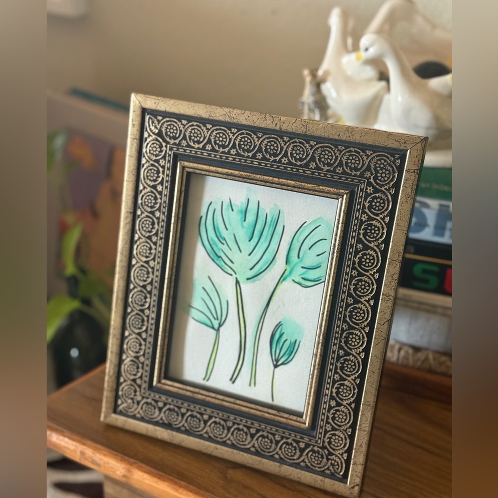 Vintage Gold and Black Picture Frame with original watercolor Floral Art 5x7”